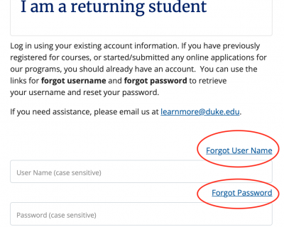 Screenshot of Forgot Username and Password Links in Portal