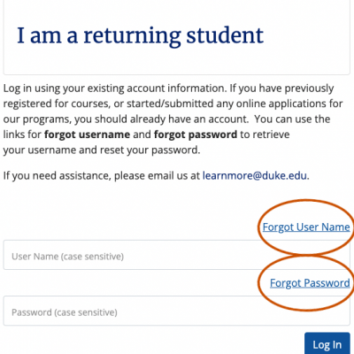 returning student login screenshot